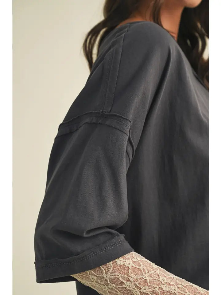 Graphite Top With Lace Sleeve