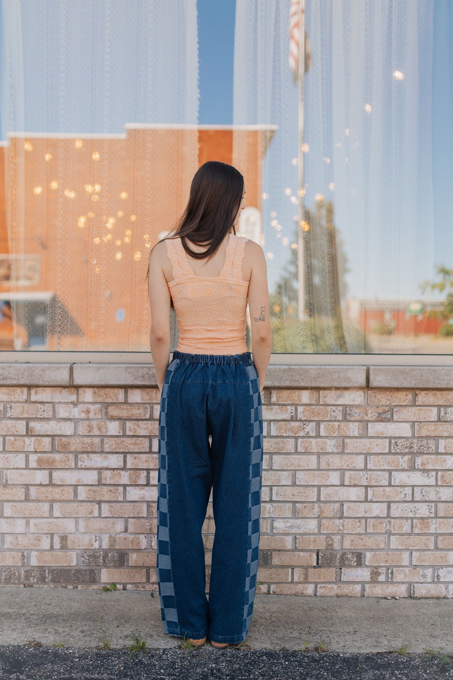 Long Denim Checker Side Pants