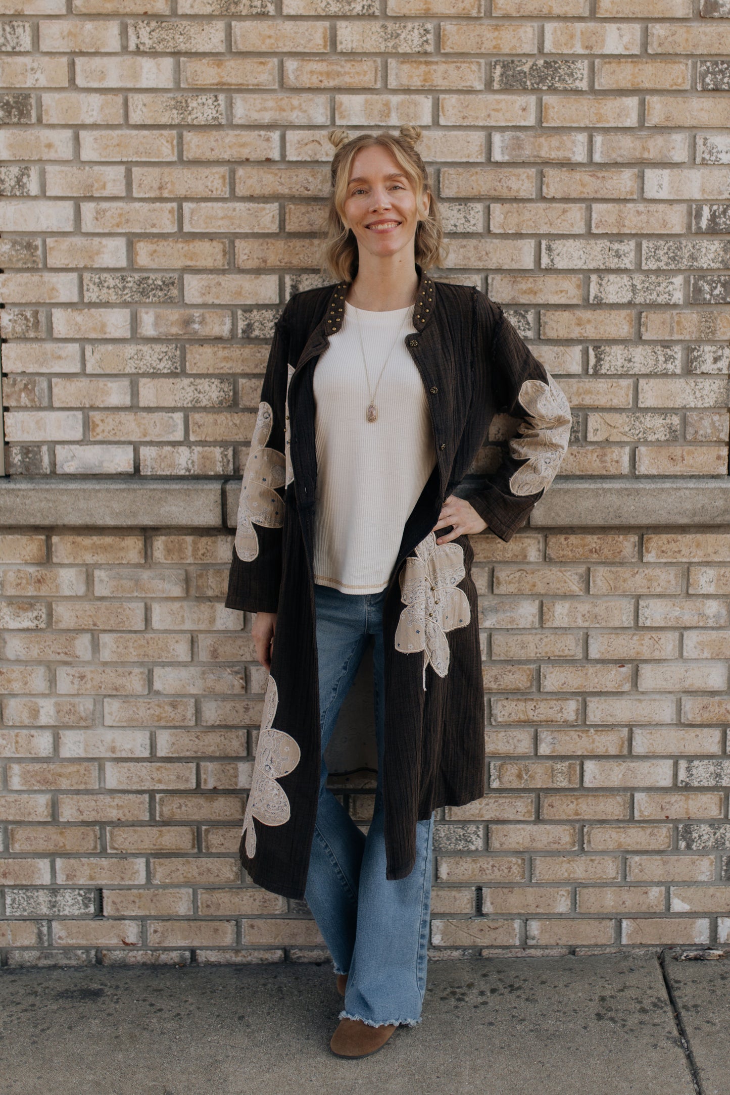 Espresso Floral Print Stud Long Jacket Top
