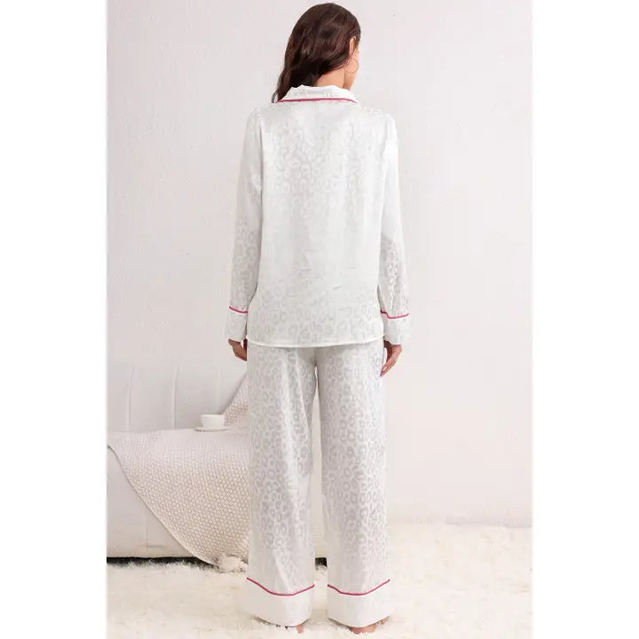 White Satin Leopard Print Lounge Set