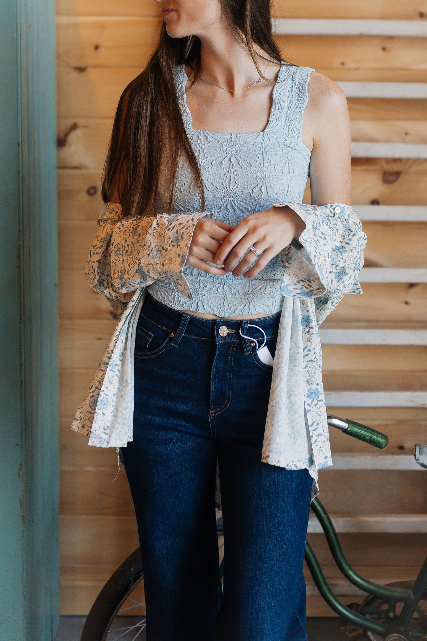 Ivory Button Up With Blue Flowers