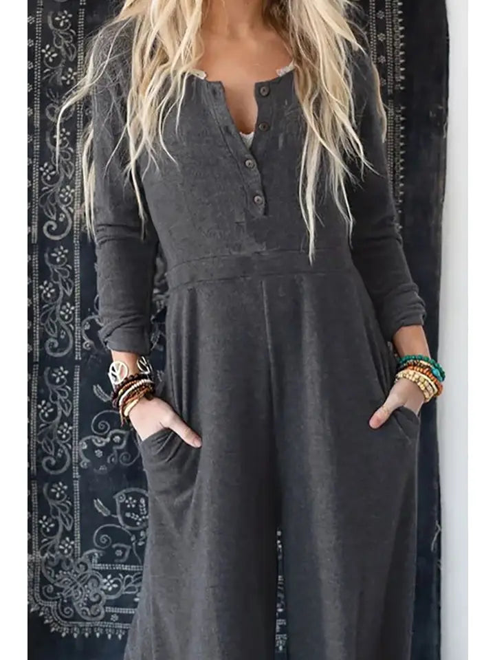 Ash Gray Long Sleeve Wide Leg Jumpsuit