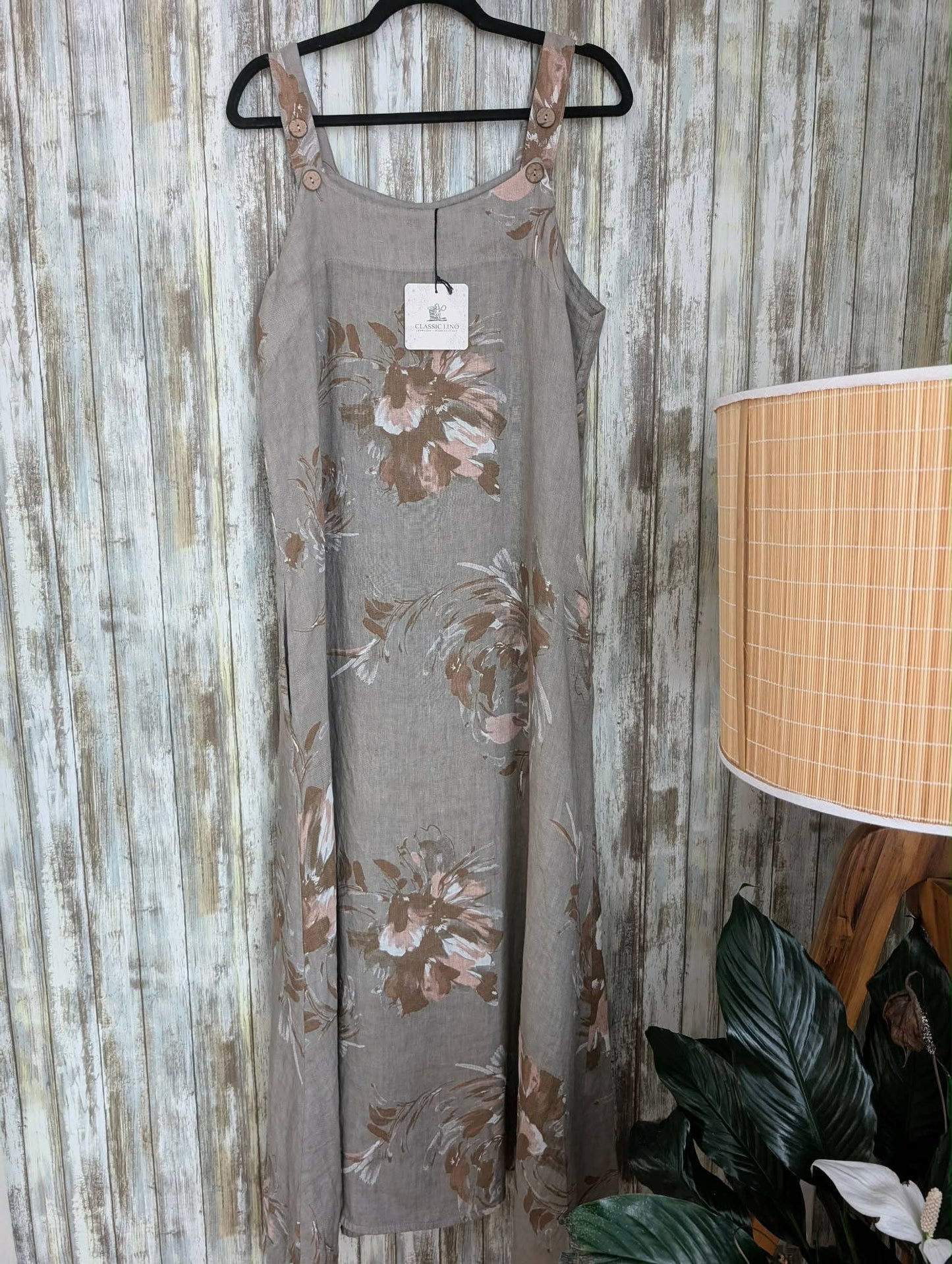 Linen Dress Maxi with Floral Print: Khaki
