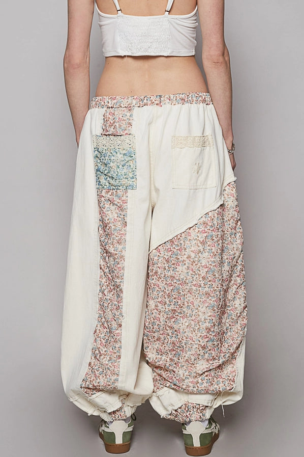 Oatmeal Floral Print Patchwork Jogger Pants