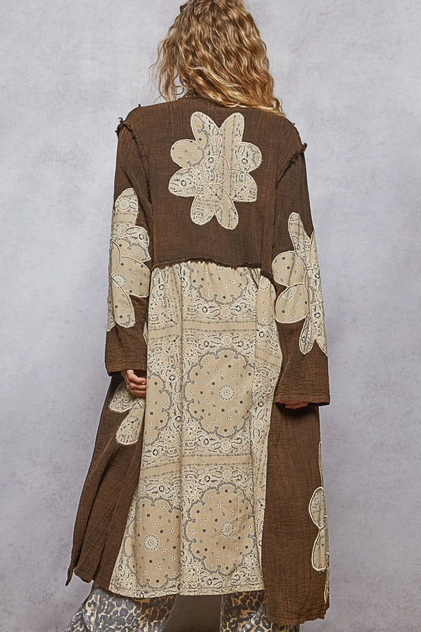 Espresso Floral Print Stud Long Jacket Top