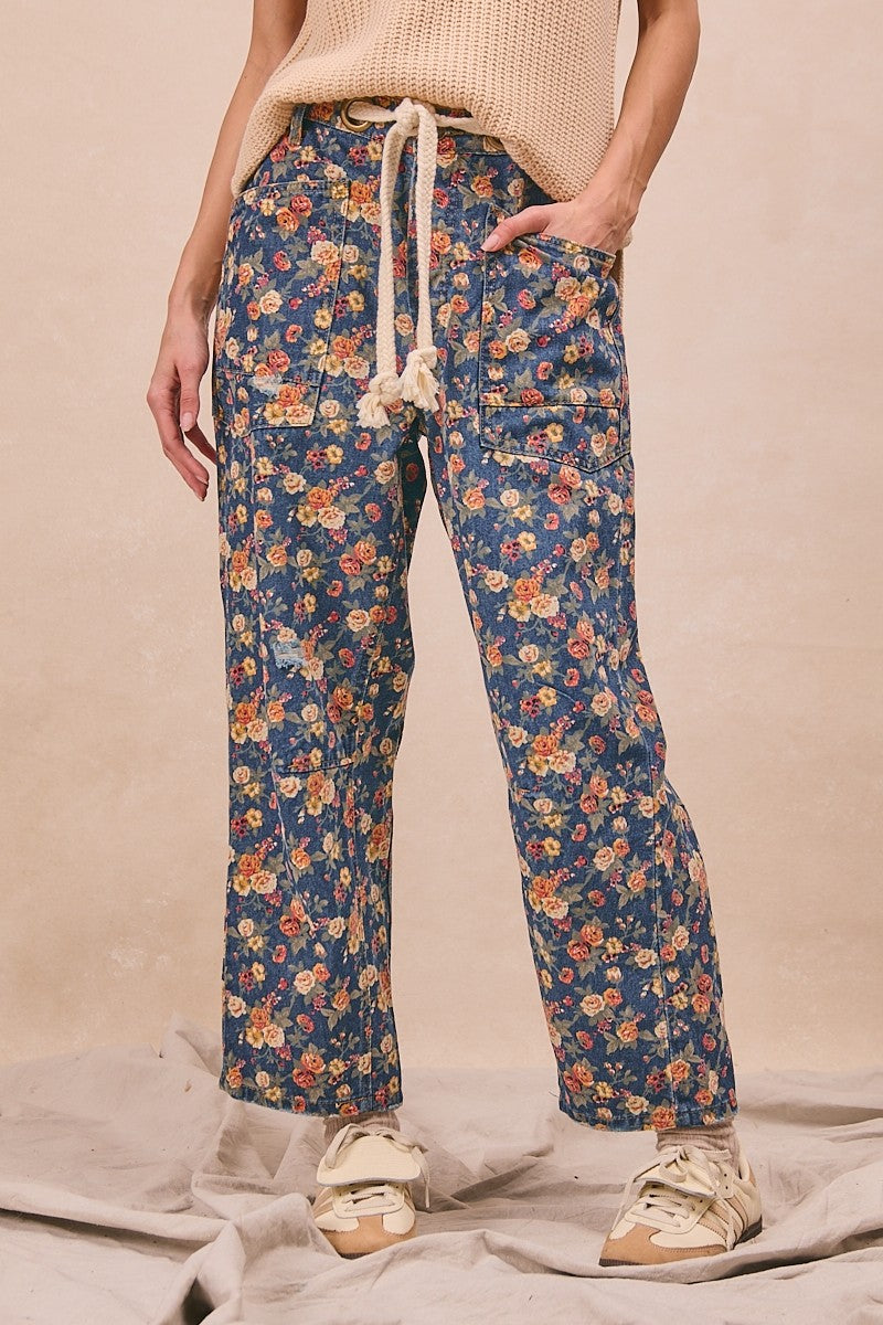 Mineral Wash Floral Print Denim