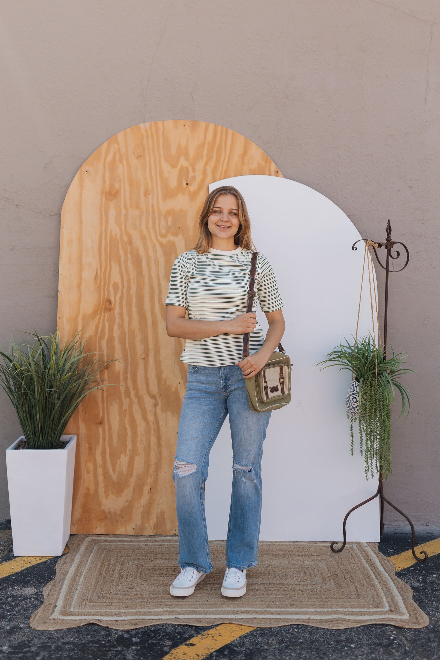 Cream & Green Stripe Top