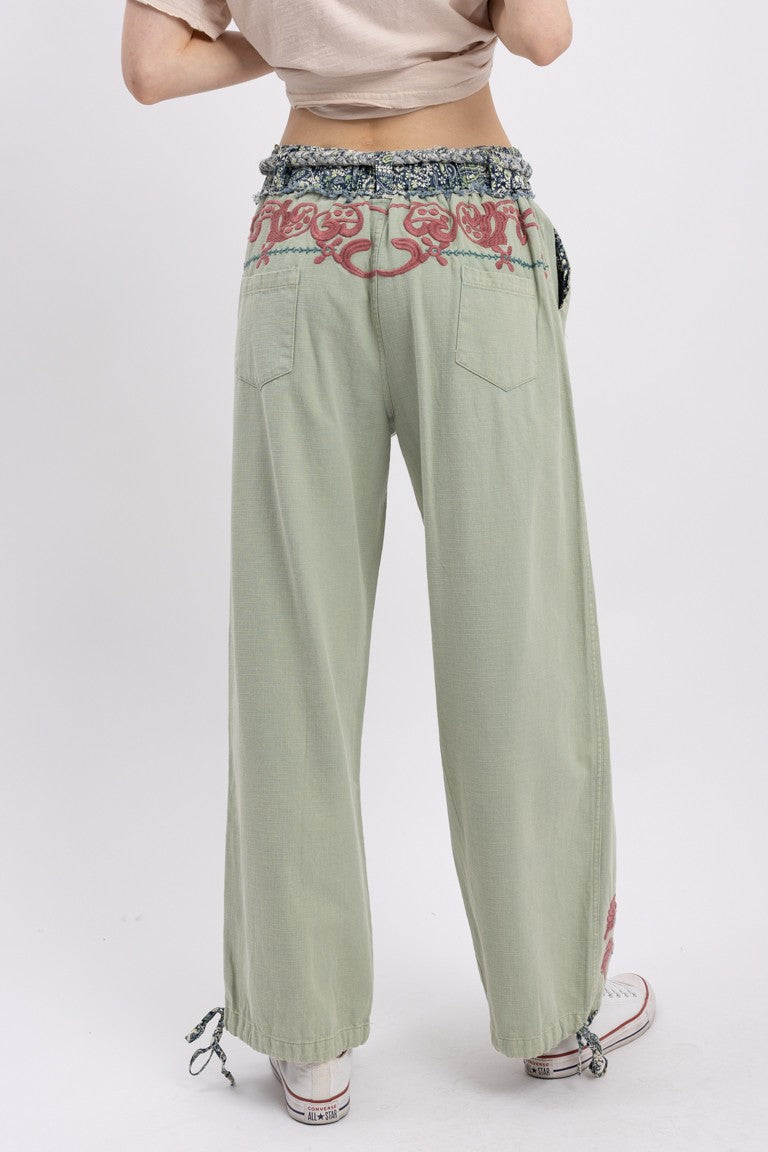 Embroidery Detail Pants With Waist Tie
