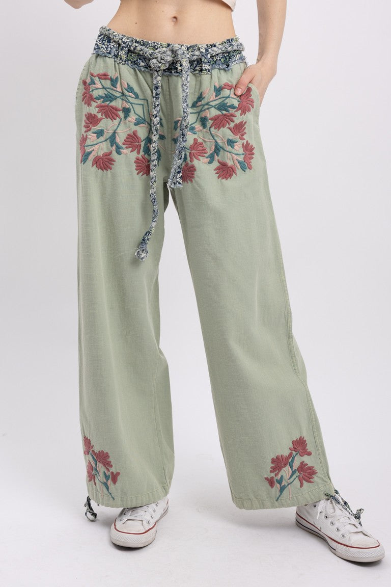 Embroidery Detail Pants With Waist Tie