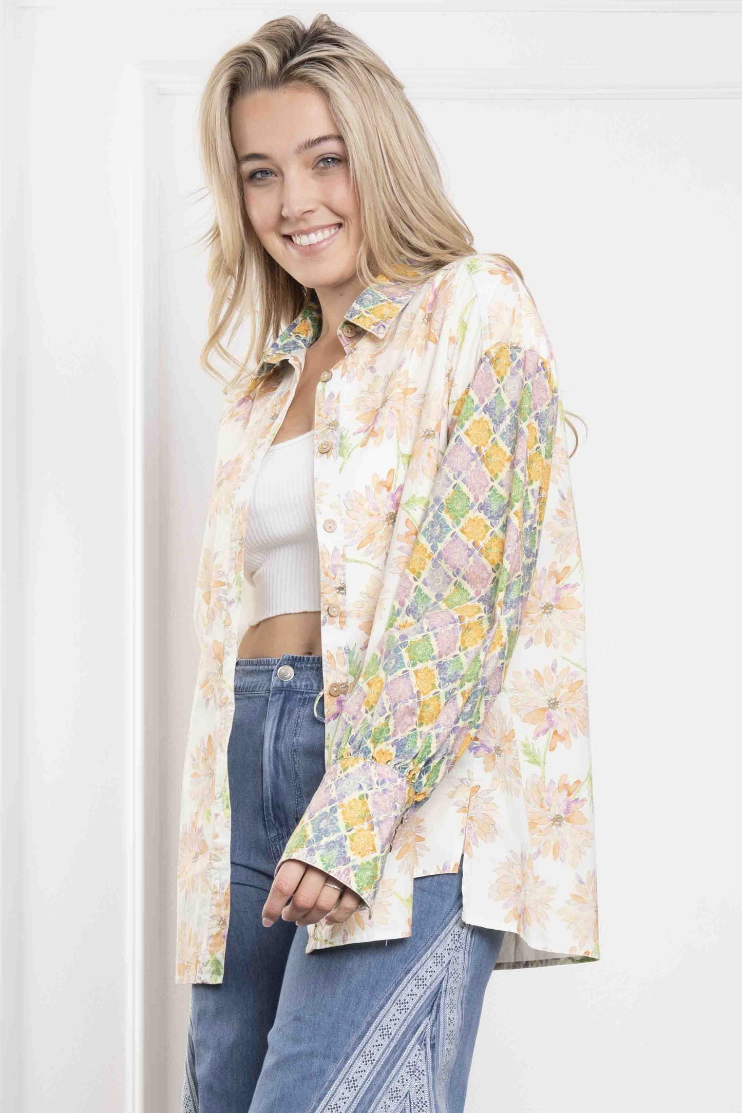 Apricot Multi-Pattern Floral Button Up