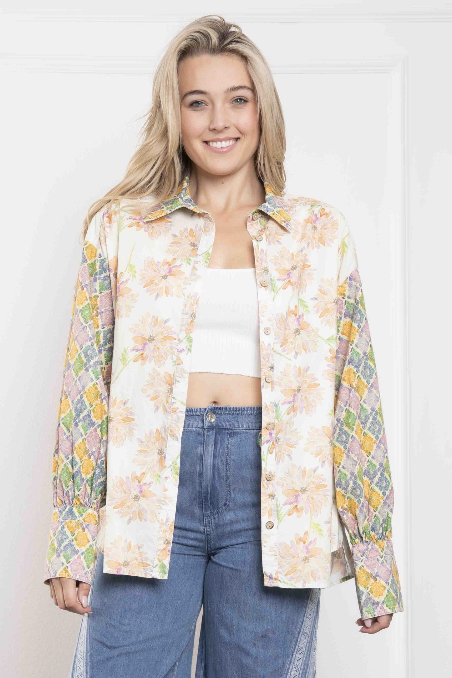 Apricot Multi-Pattern Floral Button Up