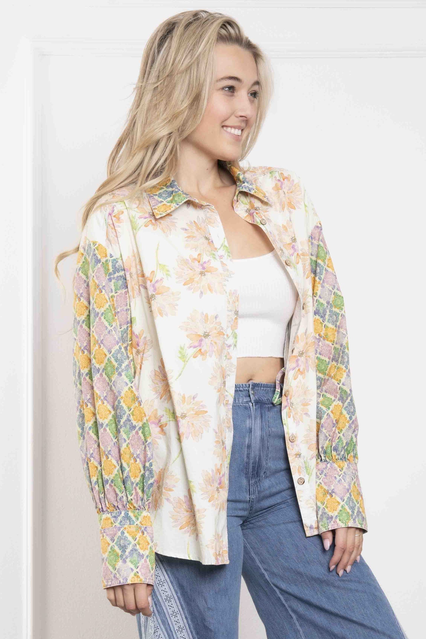 Apricot Multi-Pattern Floral Button Up