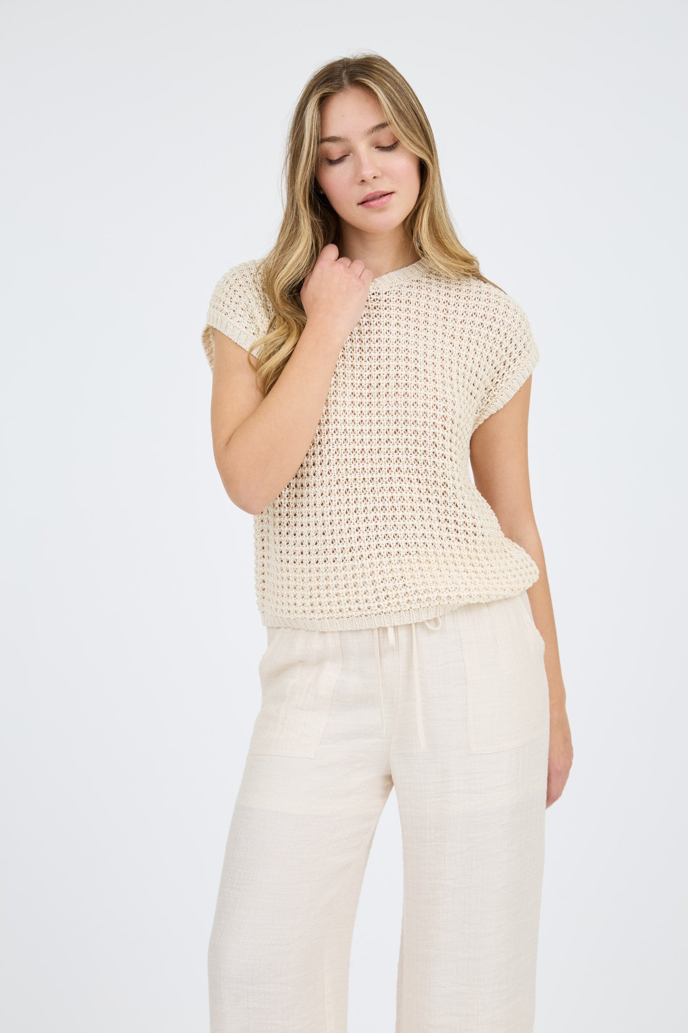 Crochet Knit Sweater Top - Oatmeal