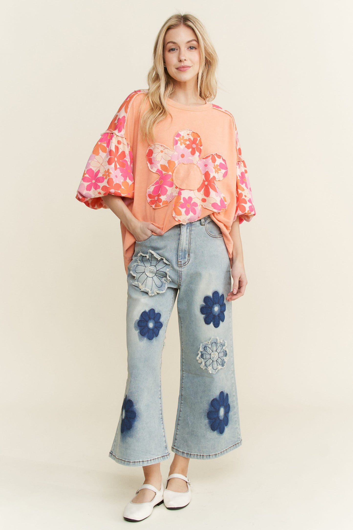 Flower Patch Embroidered Stretch Denim Jeans