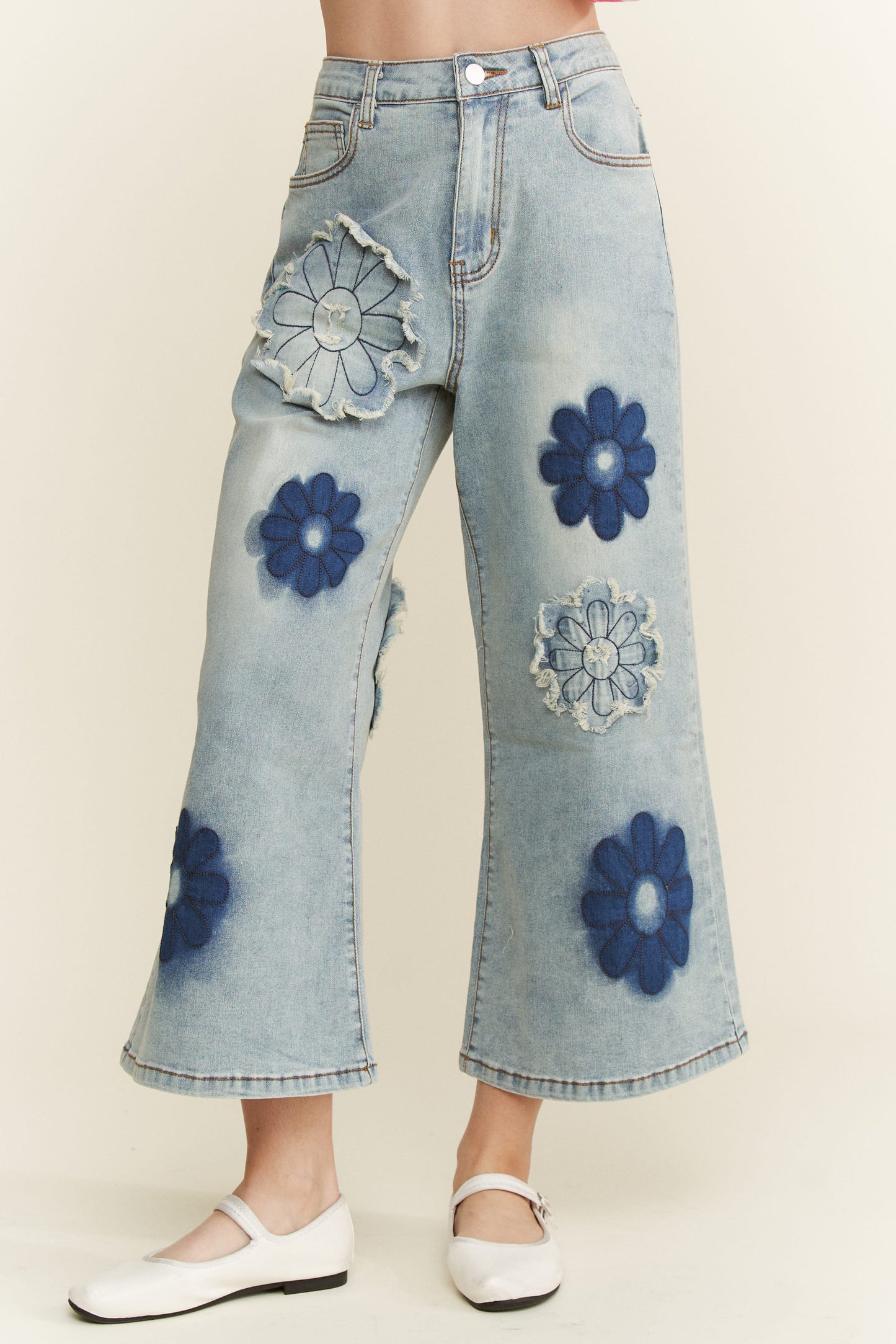 Flower Patch Embroidered Stretch Denim Jeans