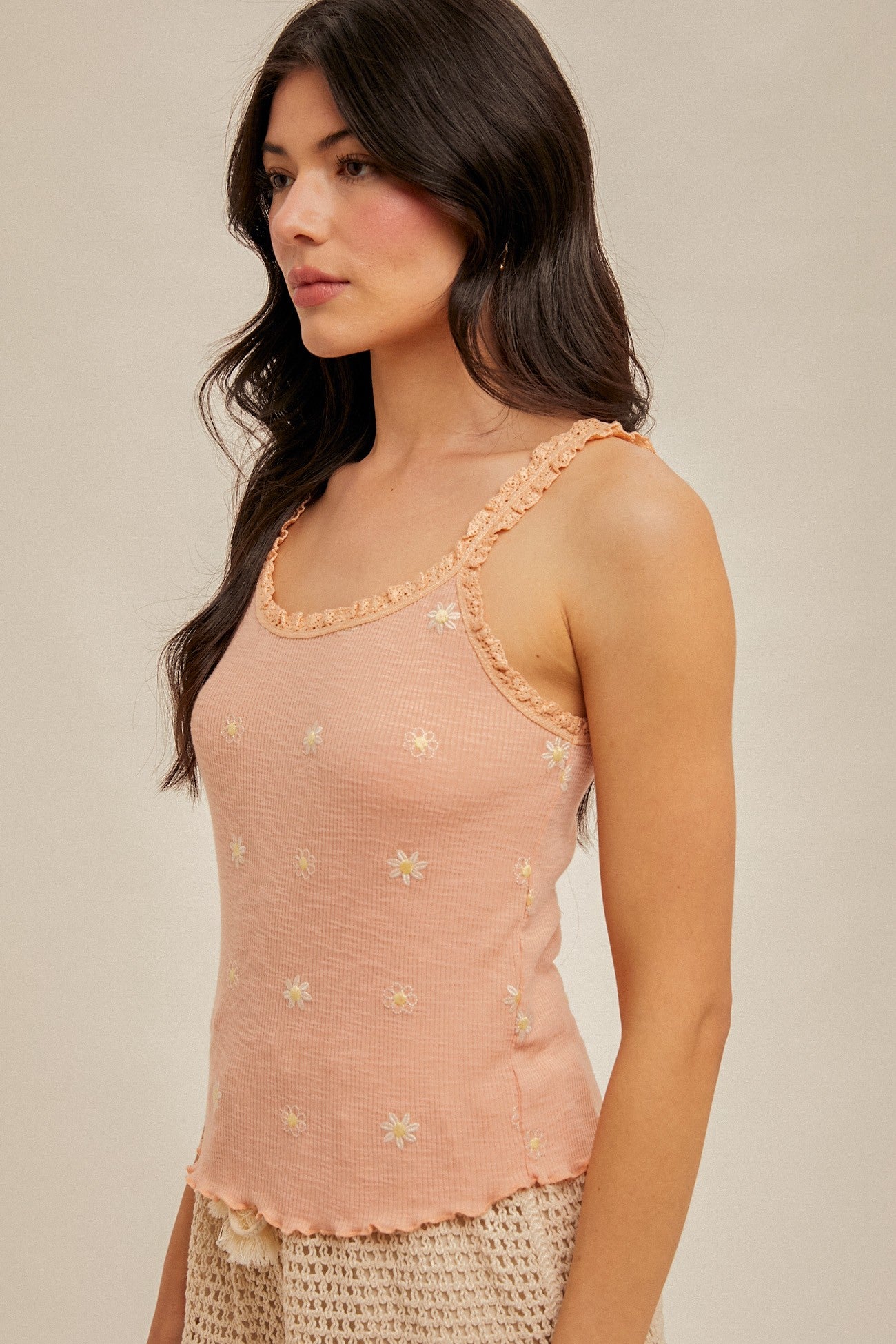 Floral Embroidery Crochet Trimmed Ribbed Cami - Salmon Pink