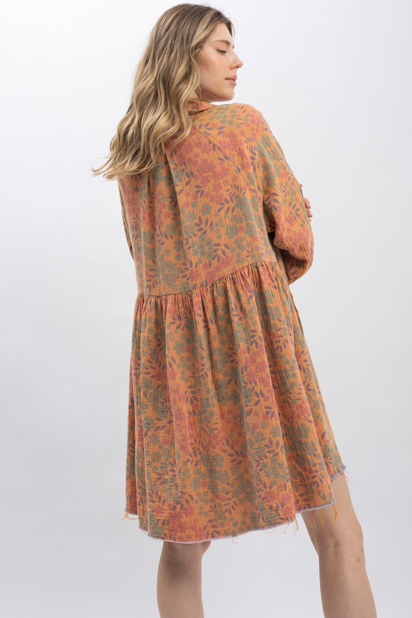 Floral Cotton Gauze Button Down Babydoll Dress