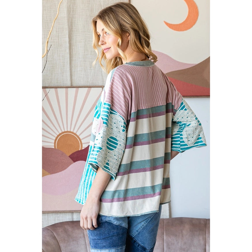 Washed Flower Patchwork Multi Striped Top