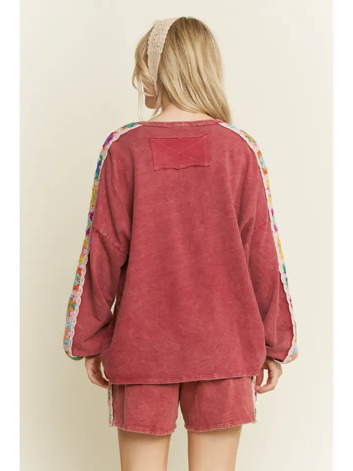 Burgundy Crochet Crewneck