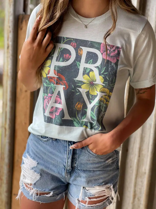 Pray Floral White Tee