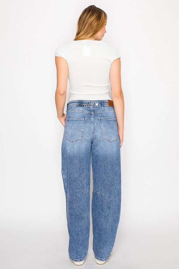 Adjustable Waistband Relaxed Barrel Fit Jeans