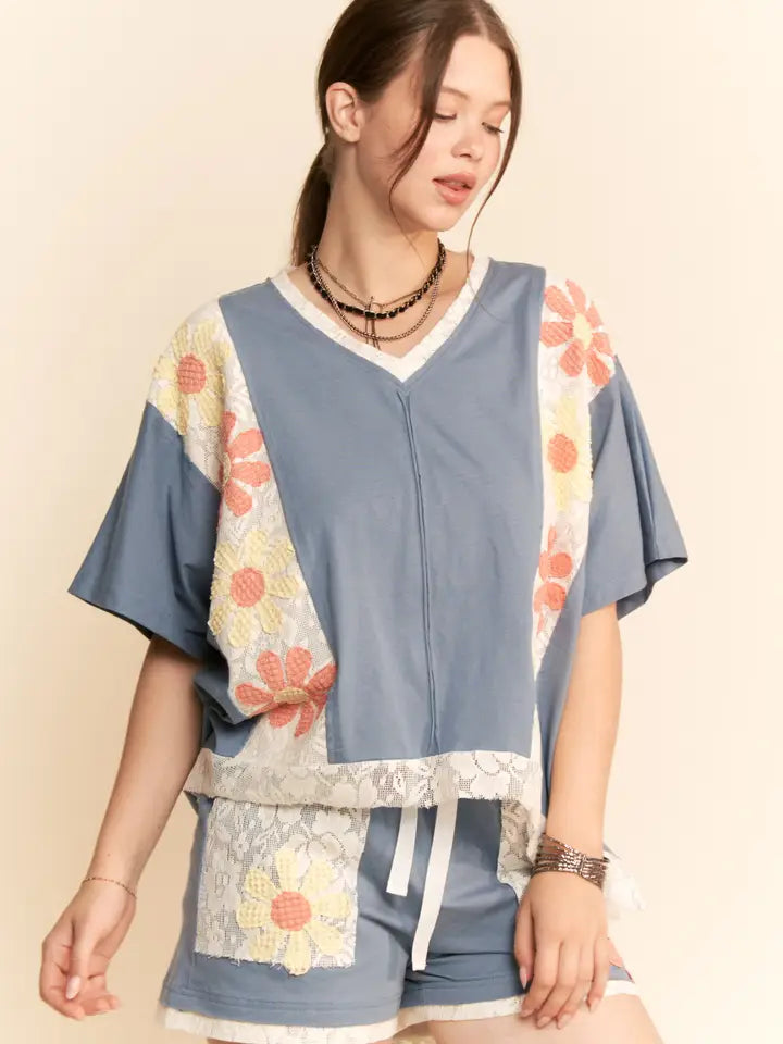 Blue Floral Patchwork Top
