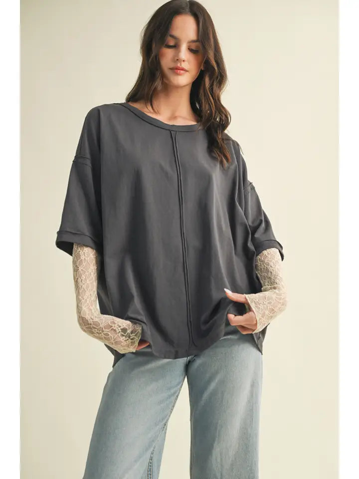 Graphite Top With Lace Sleeve