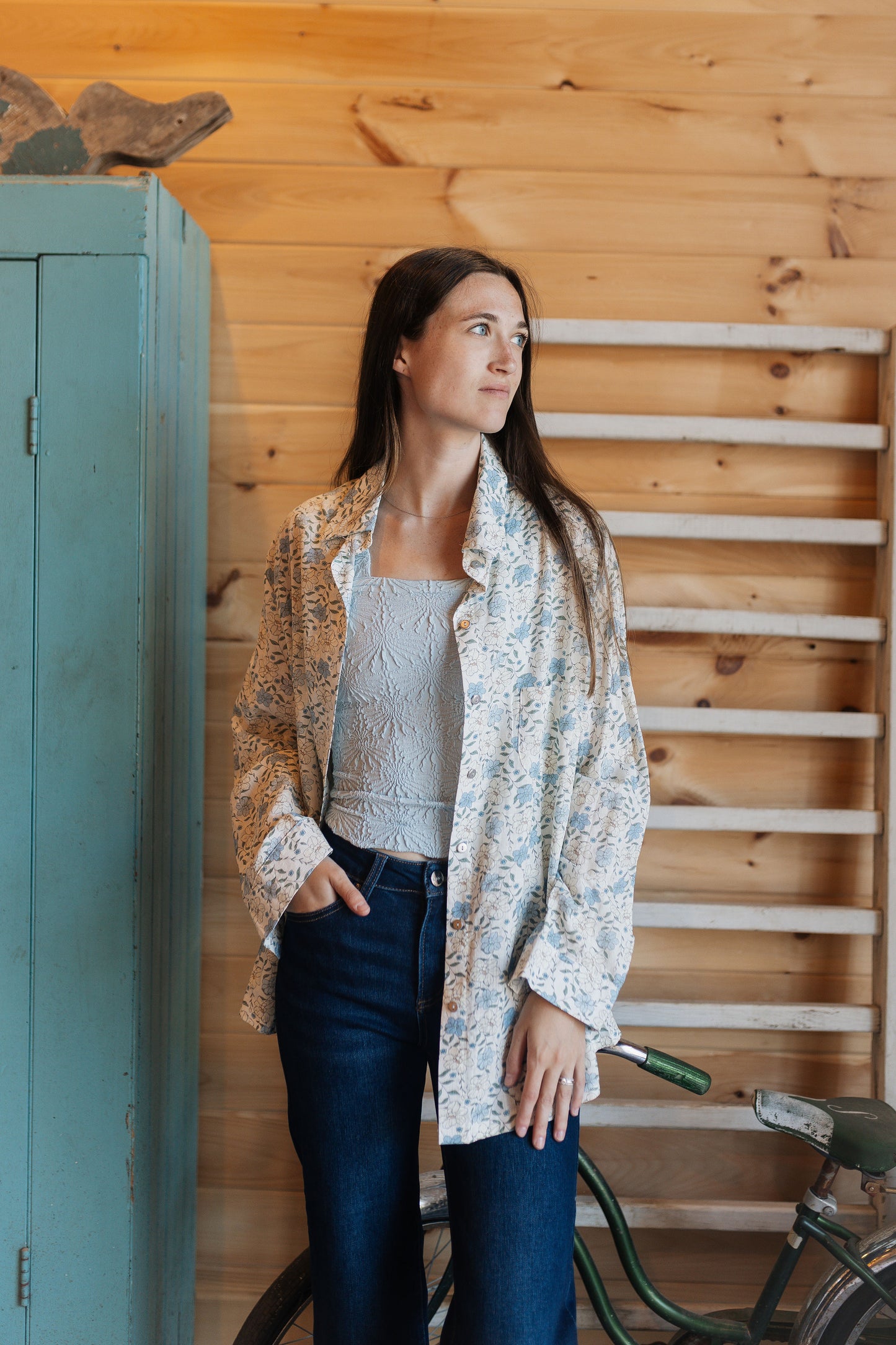 Ivory Button Up With Blue Flowers
