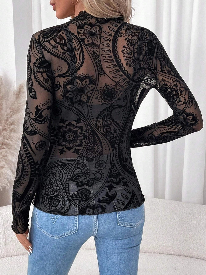 Patterned Black Sheer Top
