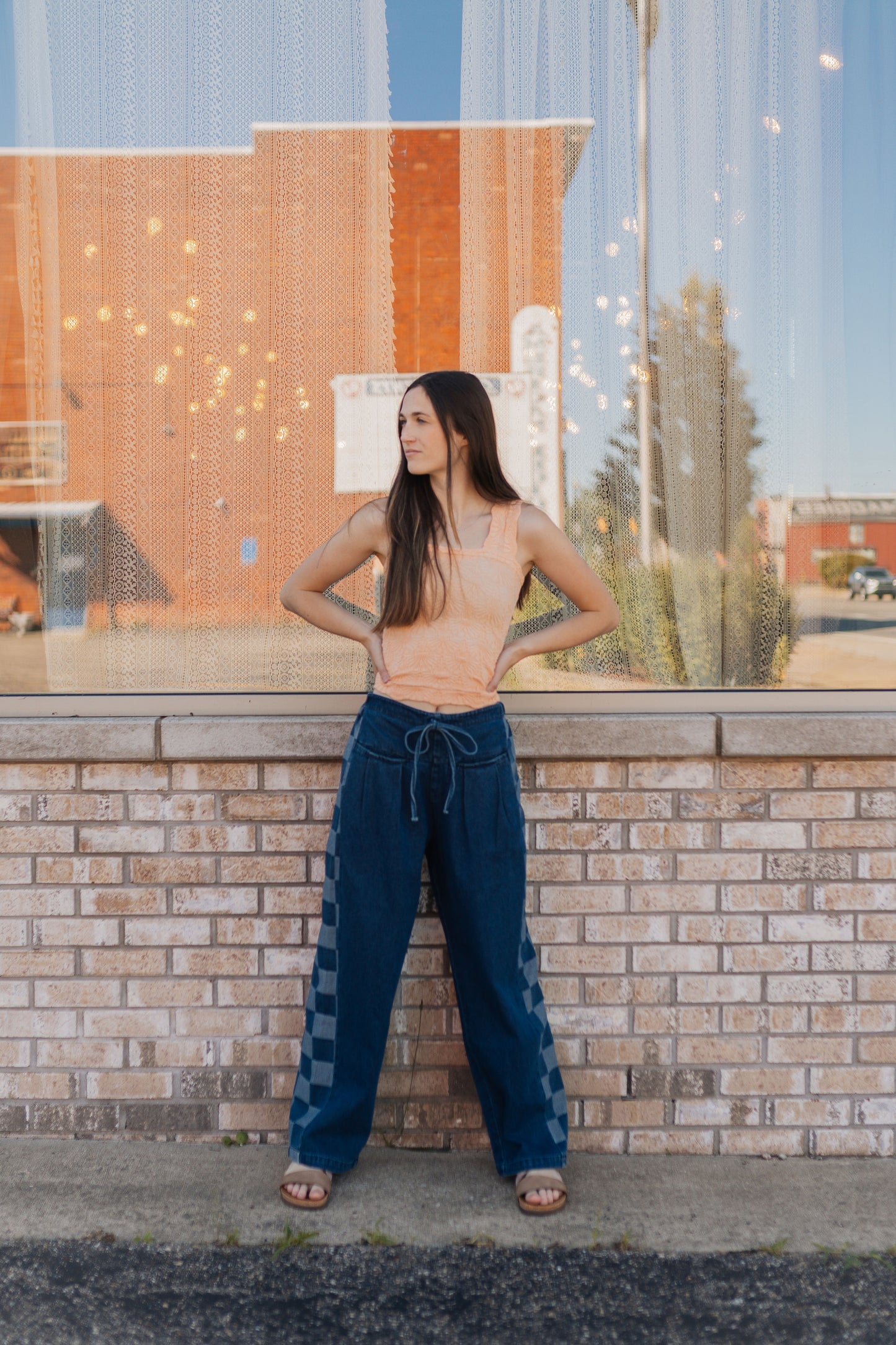 Long Denim Checker Side Pants