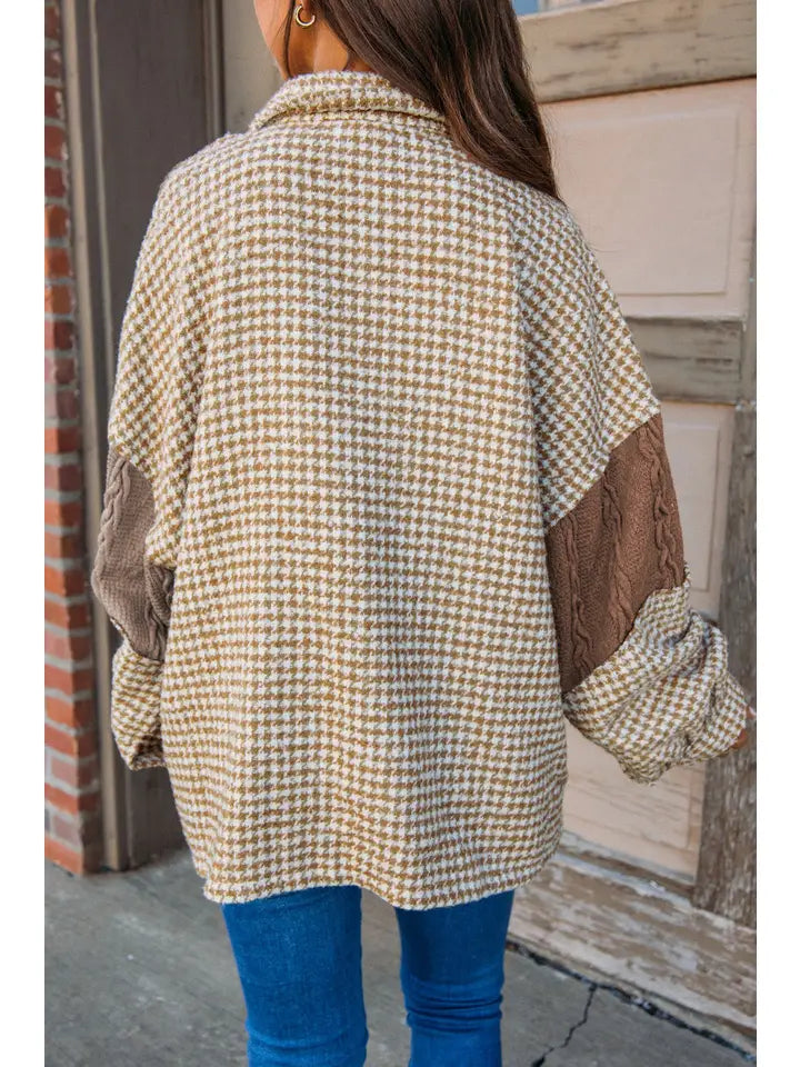 Brown Cable Knit Patchwork Shacket
