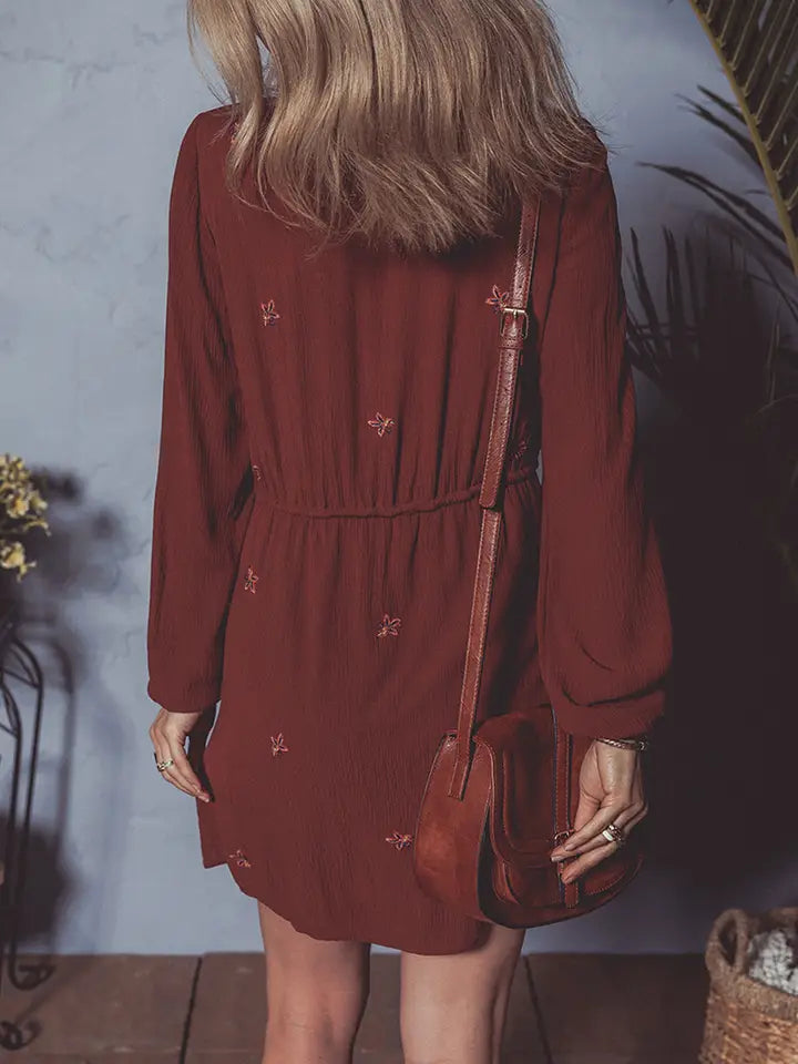Burgundy Embroidered Floral Dress