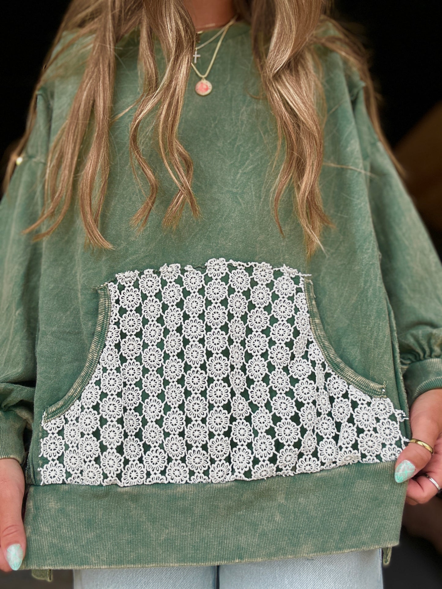 Dark Green Lace Pocket Crewneck