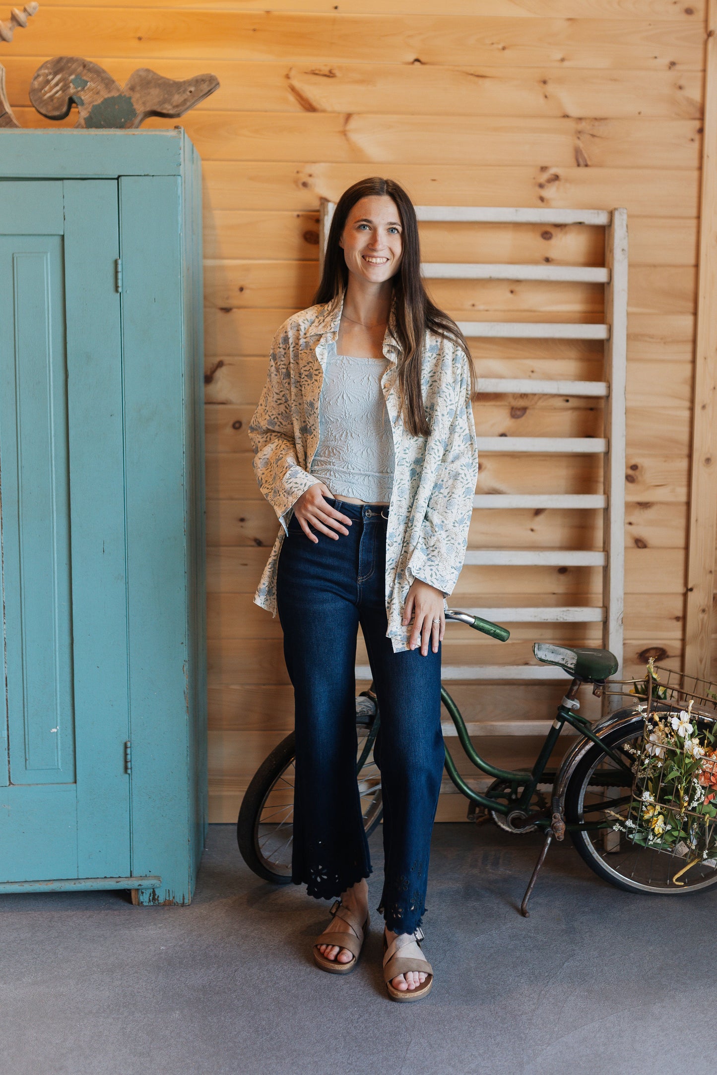 Ivory Button Up With Blue Flowers