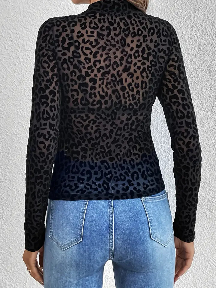 Leopard Print Mesh Long-Sleeved Top
