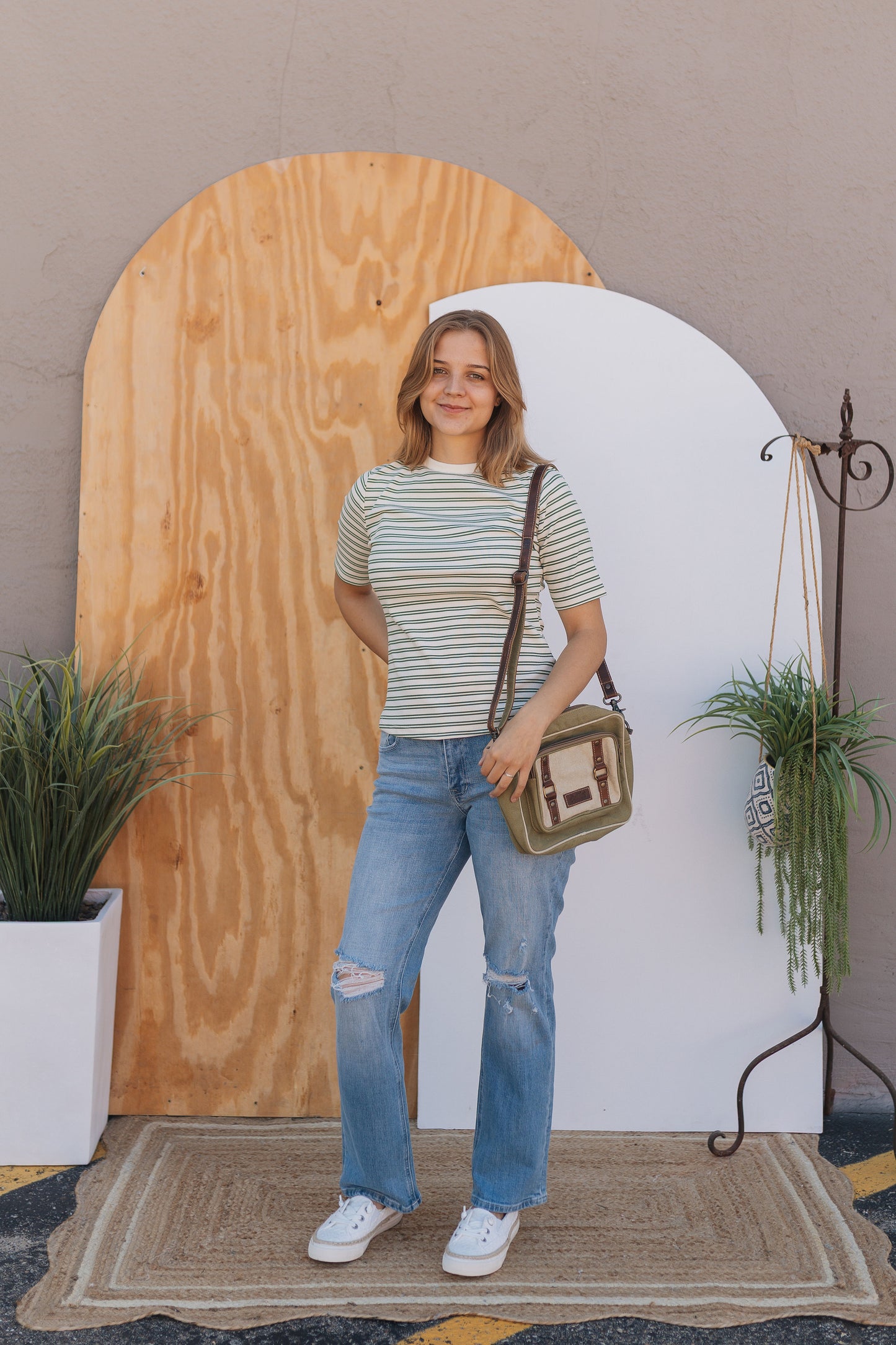 Cream & Green Stripe Top