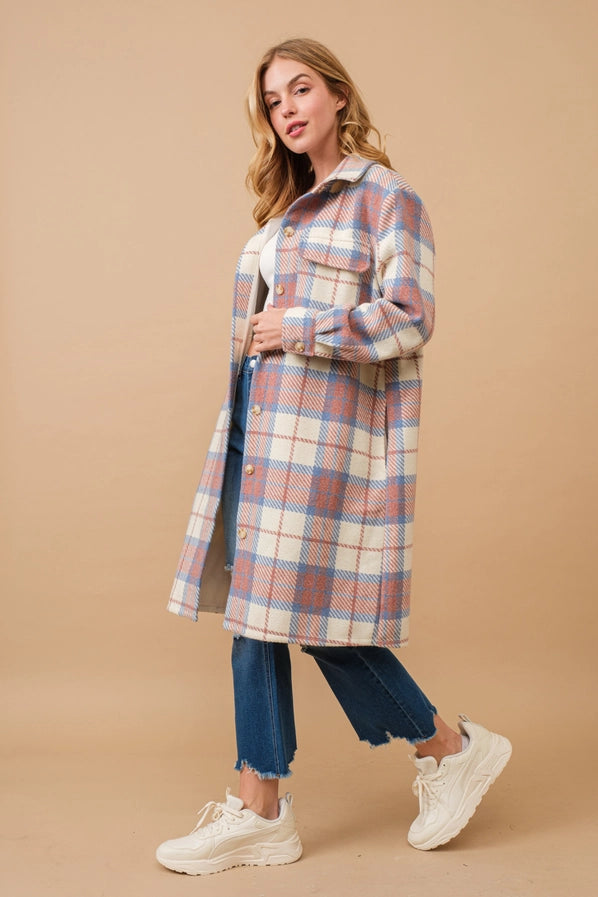 Blue & Pink Plaid Long Jacket