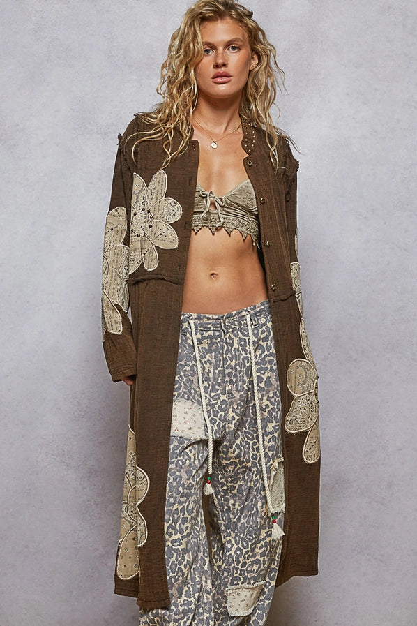 Espresso Floral Print Stud Long Jacket Top