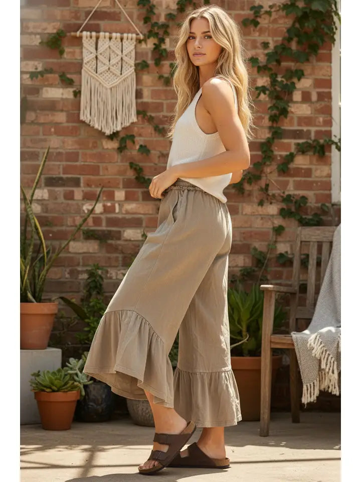 Mineral Wash Taupe Ruffle Pants