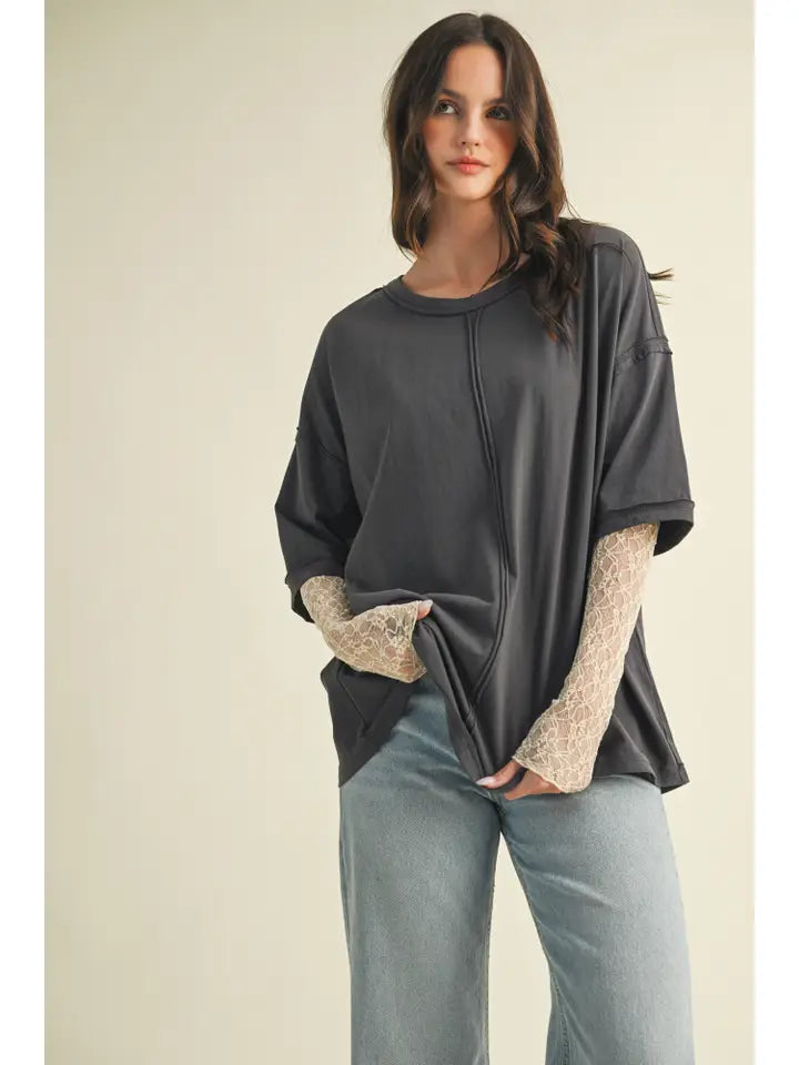 Graphite Top With Lace Sleeve