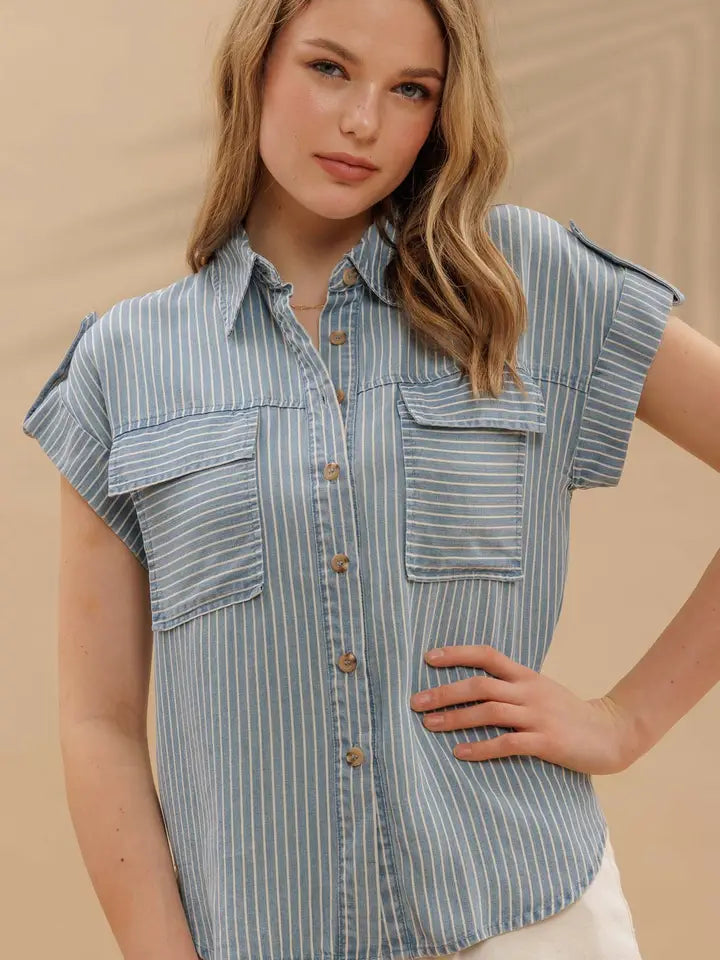 Stripe Button Down Tab Sleeve Chambray Shirt