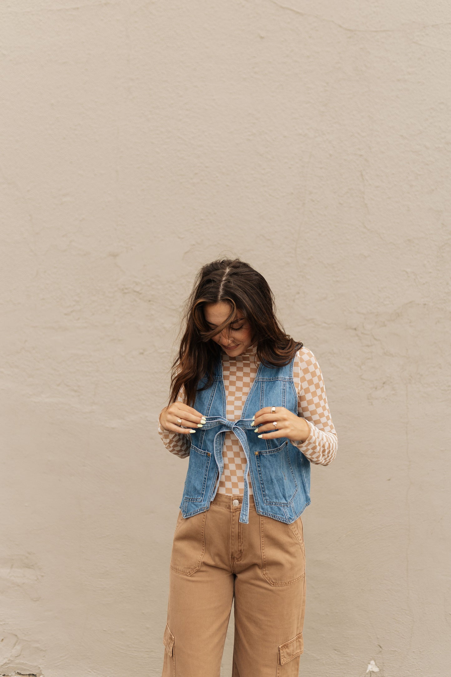 Taupe Checkerboard Mesh Top