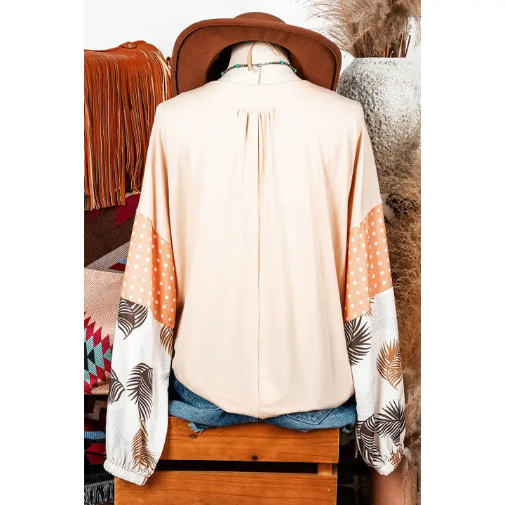 Western Leaves Polka Dot Puff Sleeve Loose Blouse