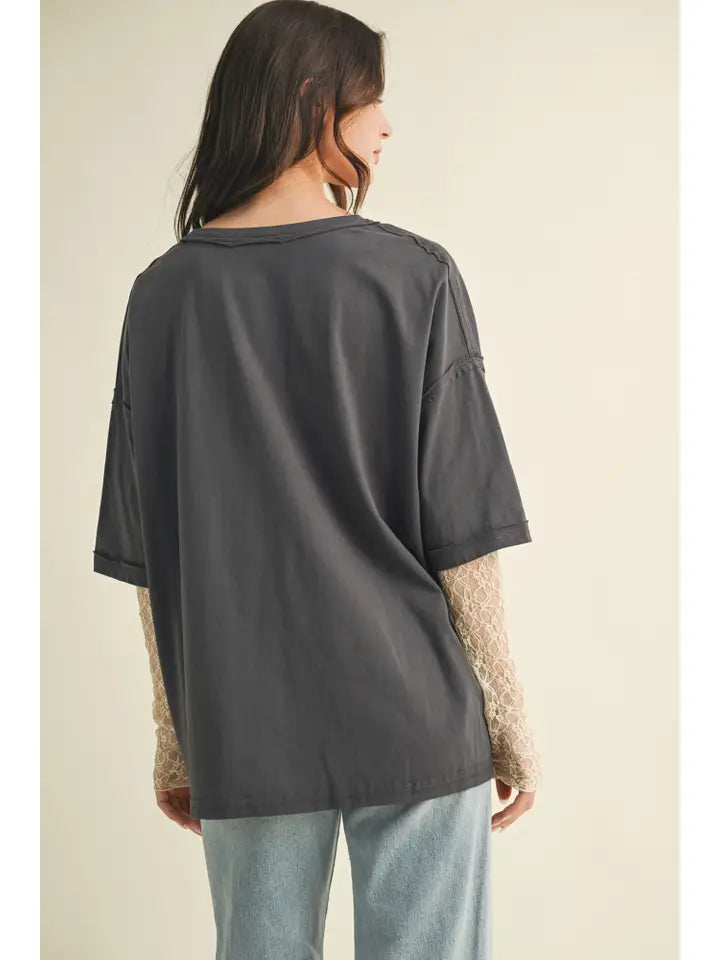 Graphite Top With Lace Sleeve