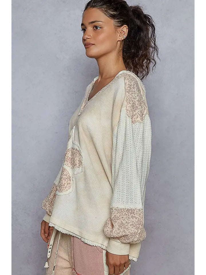 Gauze Flower Patch Thermal Hoodie Knit Top