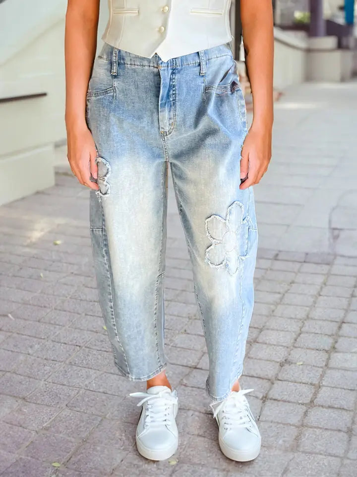 Light Wash Denim Floral Barrel Jeans