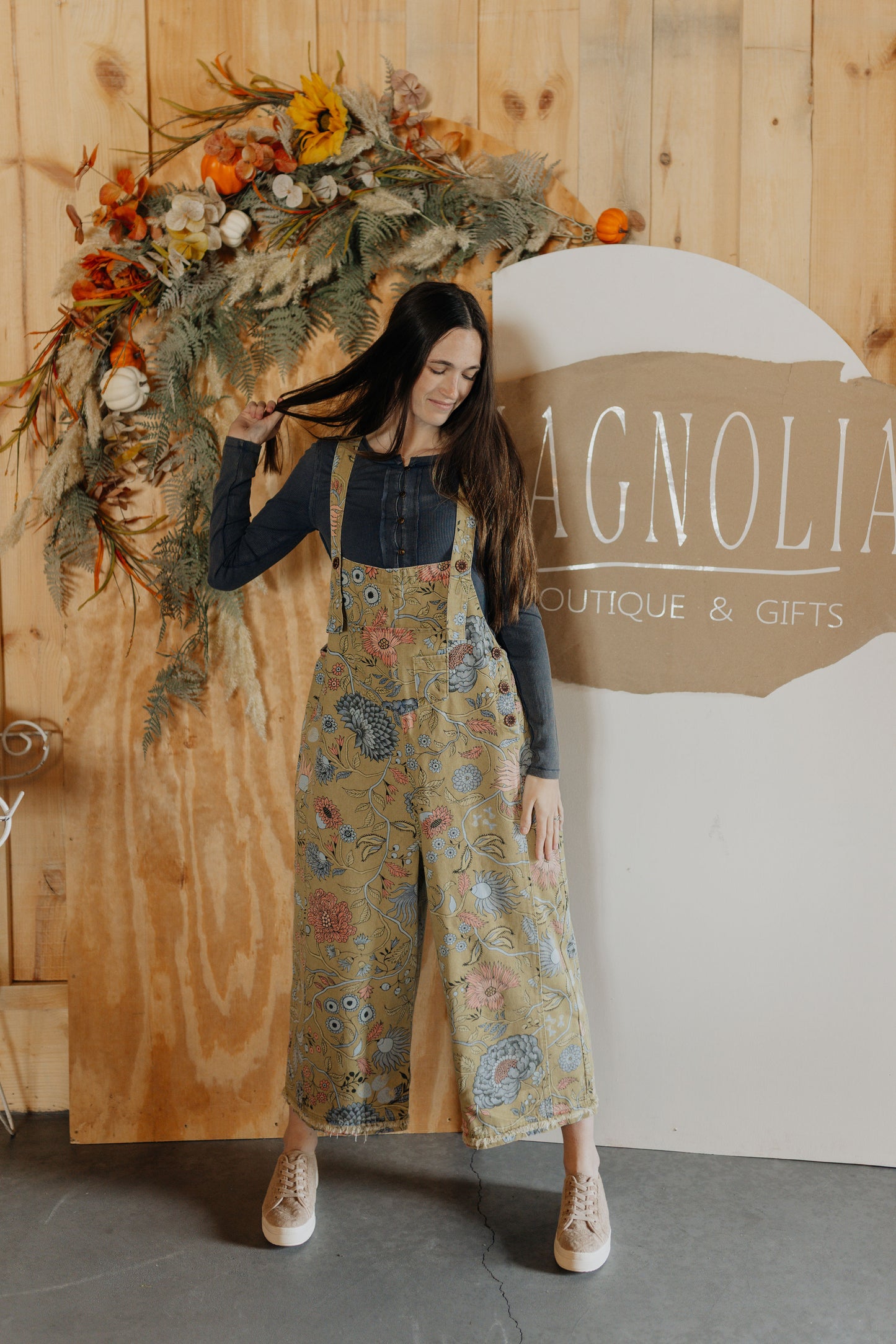 Sage Vintage Wash Floral Overalls