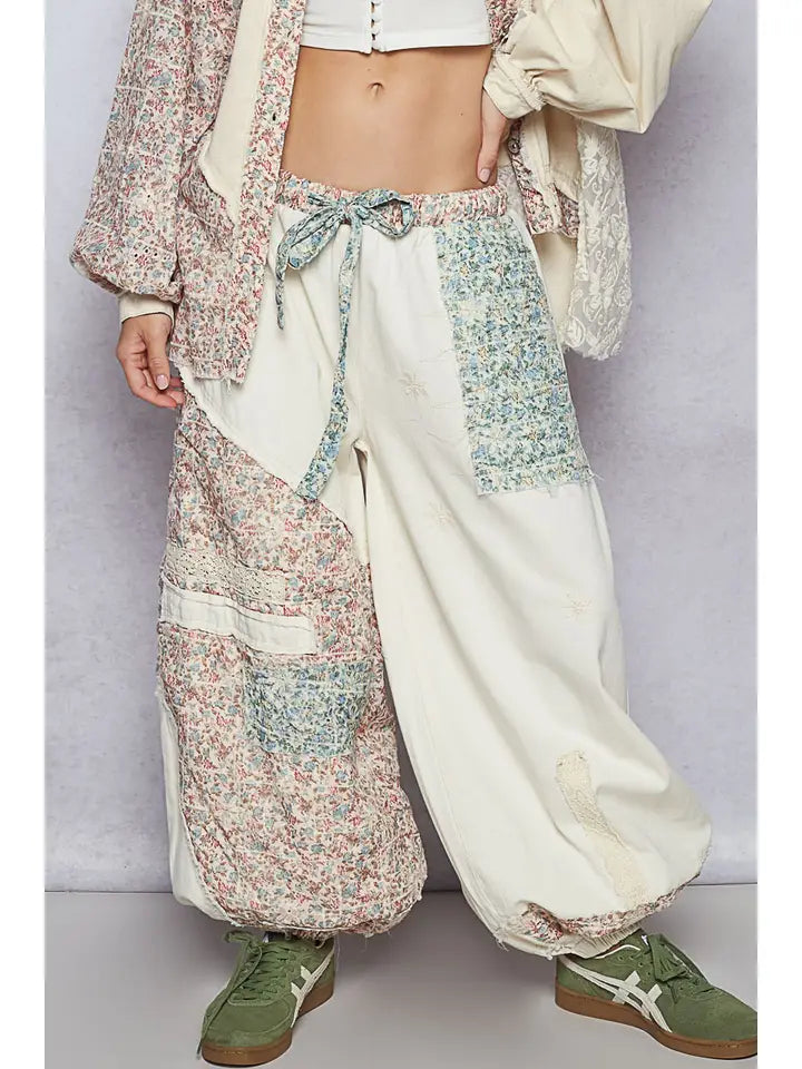 Oatmeal Floral Print Patchwork Jogger Pants