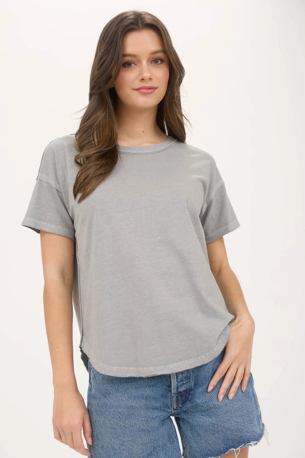Grey Exposed Seam Raw Edge Short Sleeve