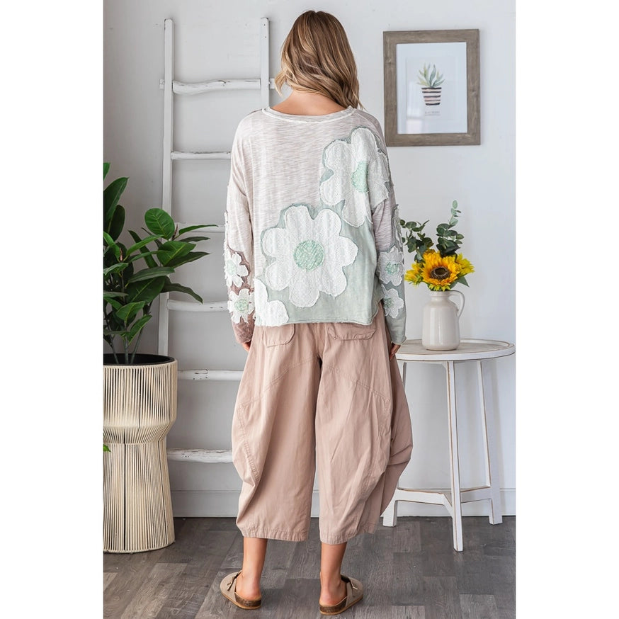 Washed Eyelet Patchwork Long Sleeve Knit Top